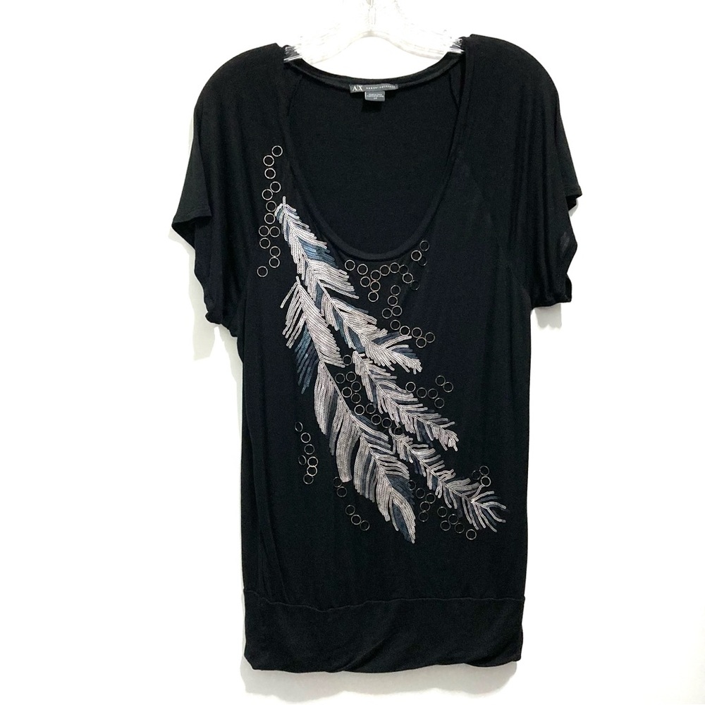 Armani Exchange Women’s Black Paisley Native American Design Feather Beaded Top